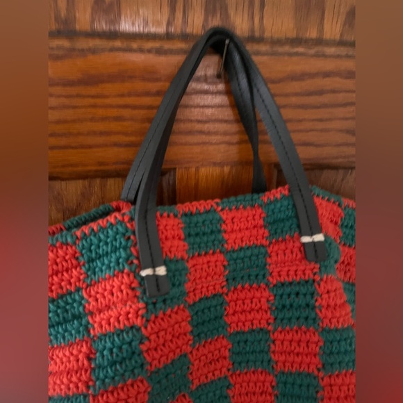 Clare V Red Green Checker Summer Simple Tote Bag Shoulder Strap Like New - Picture 13 of 16